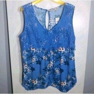 Almost Famous Plus Size 1X Blue Floral Crochet Lace Tank Top NWT